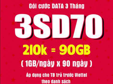 Chỉ hơn 2k/ ngày với 3SD70 Viettel nhận ngay ưu đãi data