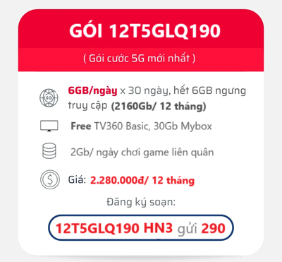 Gói cước 12T5GLQ190 Viettel: 2160GB 5G, Free TV360 và Game Data