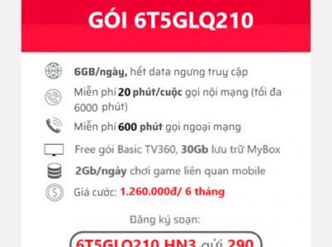 Gói 6T5GLQ210 Viettel: 1080GB 5G, miễn phí gọi trong 6 tháng