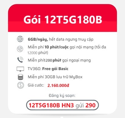 Gói cước 12T5G180B Viettel