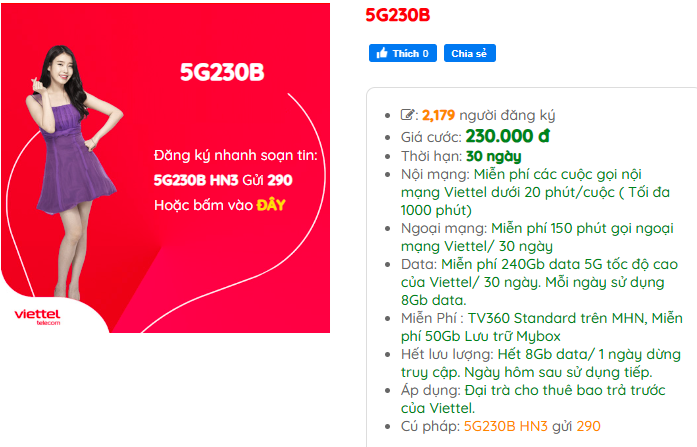 Goi cước 5G230B Viettel