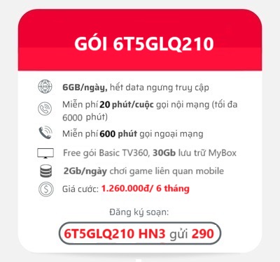 gói cước 6T5GLQ210 Viettel