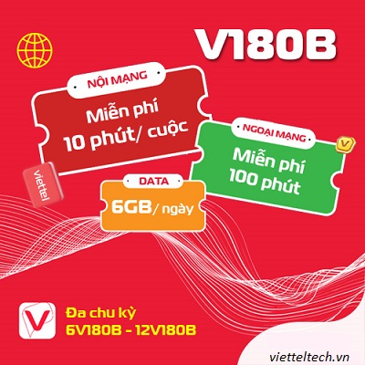 Gói cước Viettel siêu data 180Gb 180k/ tháng Free cước nội, ngoại mạng