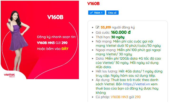 Gói cước V160B viettel