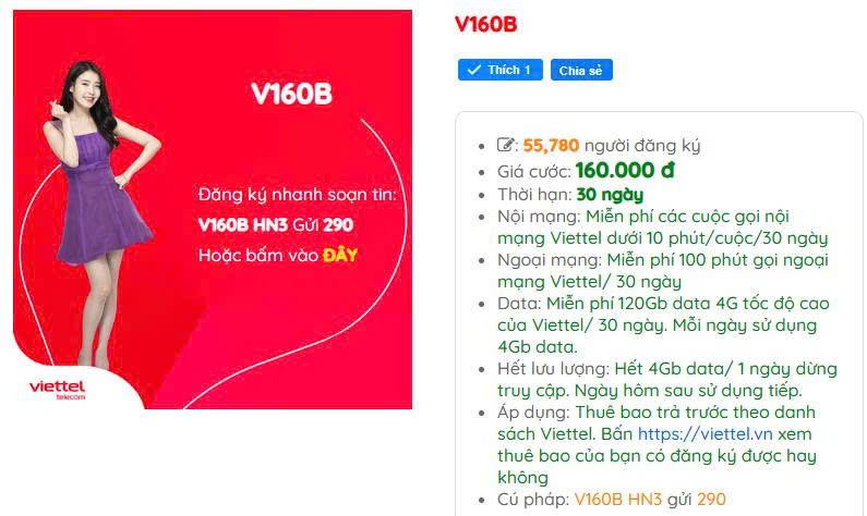 Gói cước V160B viettel mới