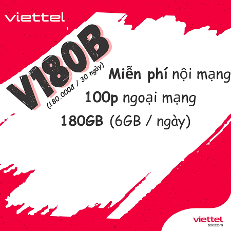 Ưu đãi khủng với combo gọi thoại và 180Gb data tốc độ cao với gói cước V180B Viettel