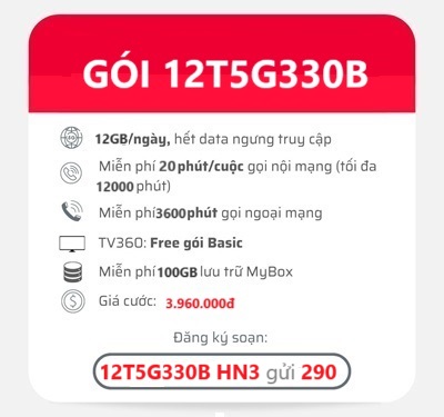 gói cước 12T5G330B Viettel