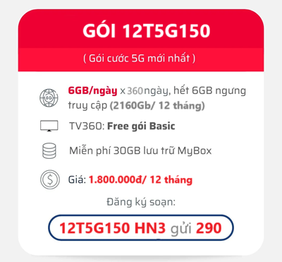 gói cước 12T5G150 Viettel