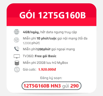 gói cước 12T5G160B Viettel