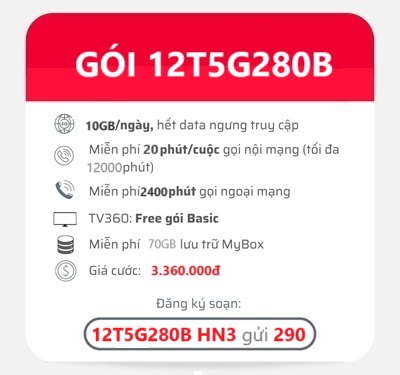 gói cước 12T5G280B Viettel