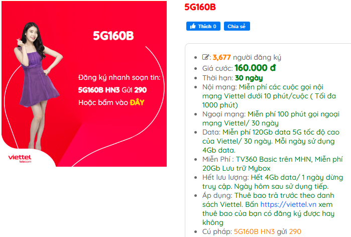 Gói cước 5G160B Viettel - Gọi liên mạng siêu ưu đãi