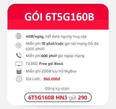 gói cước 6T5G160B Viettel