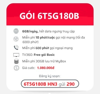 gói cước 6T5G180B Viettel