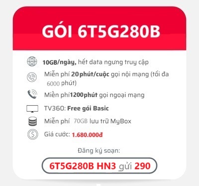 gói cước 6T5G280B Viettel
