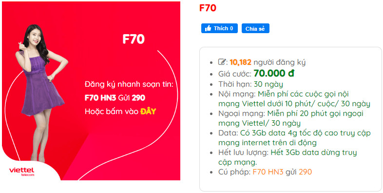 Gói cước F70 Viettel