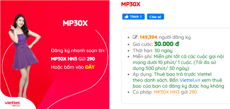 Gói cước MP30X Viettel