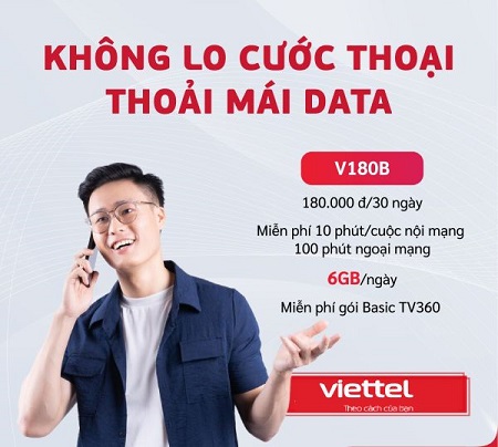 Đăng ký gói cước Viettel 180K 1 tháng có 180Gb + Free cước gọi nội ngoại mạng