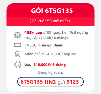 gói cước 6T5G135 Viettel
