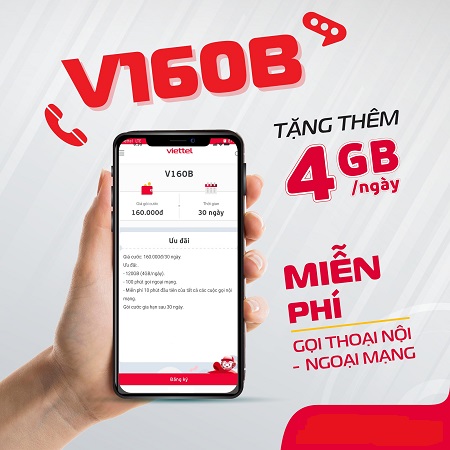 Gói cước Viettel siêu data 120Gb 160k/ tháng Free cước nội, ngoại mạng